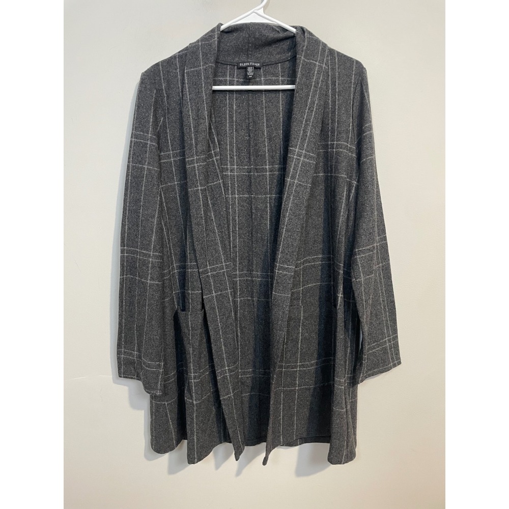 Eileen Fisher‎ Gray Grid Print Open Front Cardigan Wool Blend Size Small